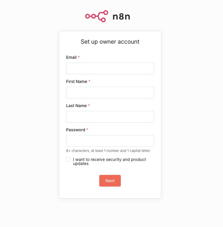 n8n Owner Account 생성 화면 — 이메일·이름·비밀번호 입력 폼