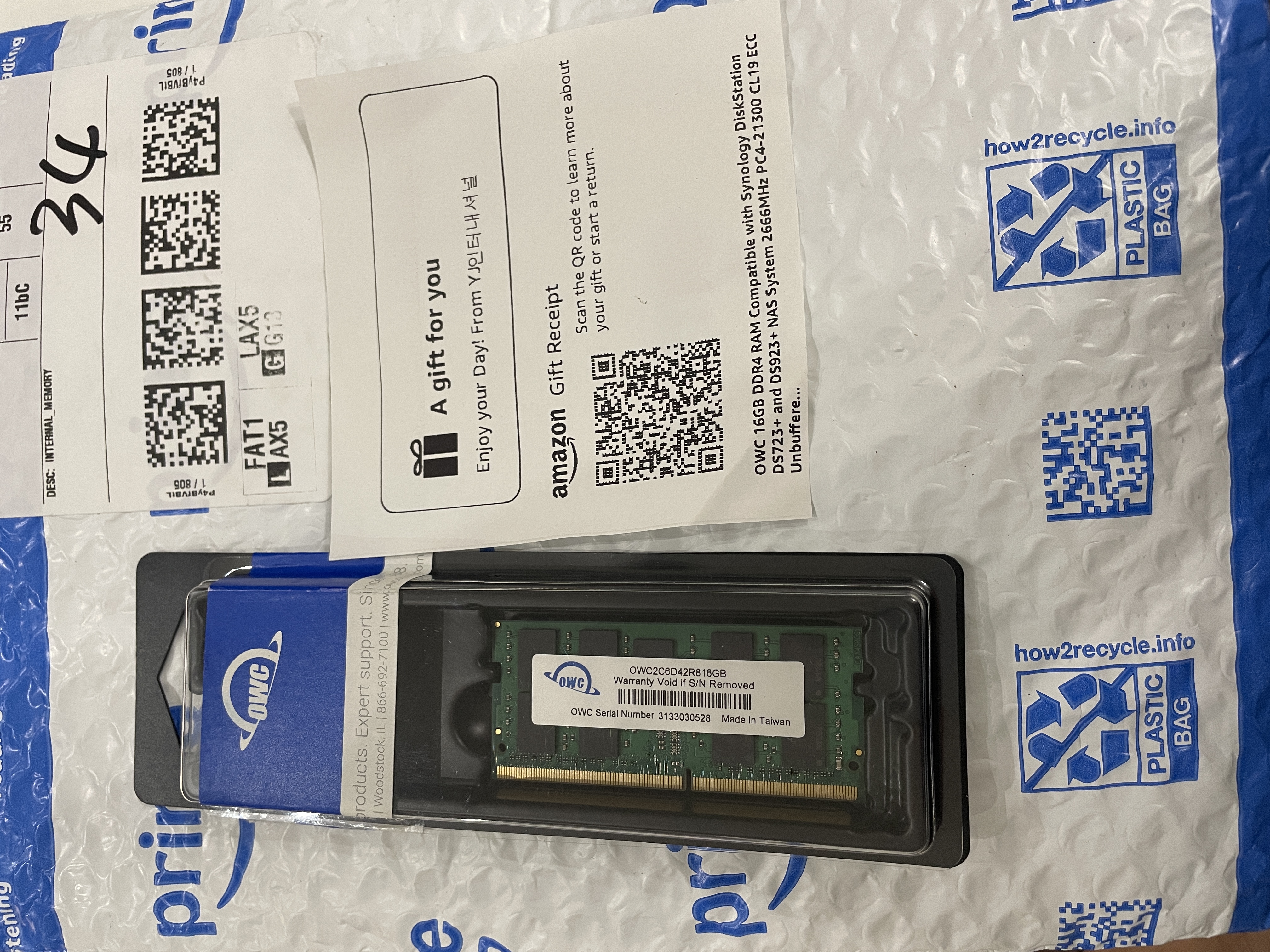 OWC 16GB DDR4 ECC SO-DIMM 모듈 + Amazon "A gift for you" 영수증 슬립